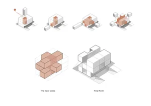 Step-by-step visual representation of a design process involving paper blocks.