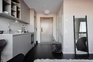 Modern minimalist kitchen with metallic finishes and sleek design.