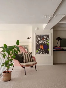 Modern living room with a pink comfy chair, black and white striped pillow, green plant, and abstract artwork.