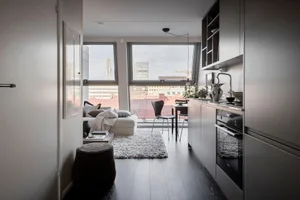 Modern minimalist apartment with black walls, white cabinets, and glass windows.