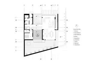 A 2D architectural drawing of a modern residential floor plan.