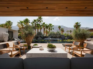 A modern residential patio featuring concrete and wooden elements.