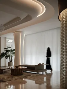 Modern living room with marble floor and wooden accents