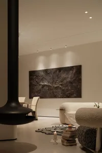 A modern living room with mixed materials, featuring a black fireplace, abstract art, and plush furniture.