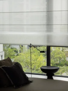 A modern living space featuring luxurious fabric blinds and minimalist decor.