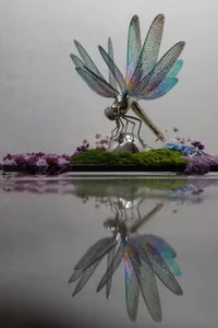 A metallic dragonfly sculpture adorned with colorful flowers and moss.