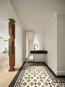 Modern bathroom with black and white checkered tiles and minimalist white walls.
