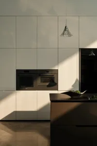 Modern, minimalist-style kitchen with sleek, dark cabinetry and stainless steel appliances.