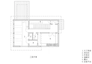 A technical drawing of a three-floor architectural layout with labeled rooms and spaces.