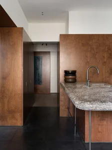 Modern kitchen with granite countertops and wooden cabinets.