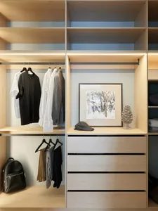 A modern light-wood closet with clothes hanging neatly and a framed artwork on the surface.