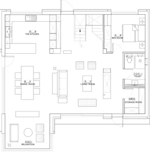 Floor plan of a modern living room with white walls and furniture.