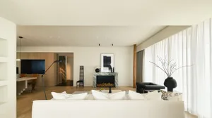 Modern living room with white sofa, marble fireplace, and large windows.