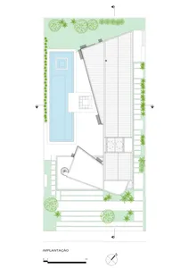 Schematic drawing of a modern residential building exterior with a rooftop terrace and garden.