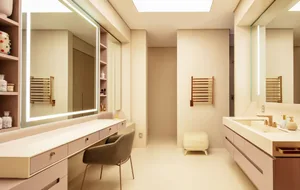 A modern bathroom with sleek lighting, minimalistic design, and contemporary fixtures.