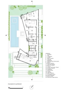 Modern residential house with floor plan detailing rooms such as kitchen, living room, bedrooms, and bathrooms.