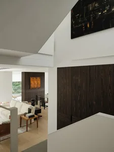 Modern interior design featuring a living room with dark wood decor and a white sofa.