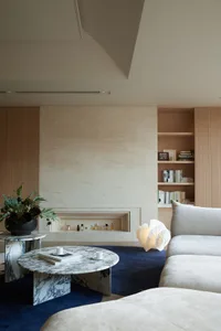 A modern living room featuring a marble coffee table, wooden shelves, and a white sofa on a blue rug.