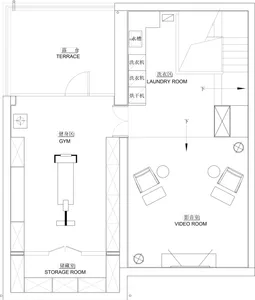 Floor plan of a residential space with storage room, laundry room, gym, and video room.