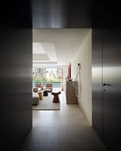Modern living room with concrete and brick materials