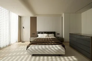 Modern minimalist bedroom with white and gray color palette, sleek furniture, and large window allowing natural light.