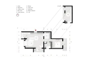 Modern minimalist architectural floor plan layout with detailed specifications and room numbers.
