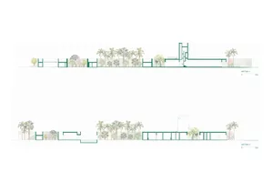 Horizontal sectional view depicting the interior and exterior details of a building with green hues and architectural feature