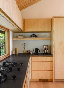 A modern, minimalist residential kitchen with wooden cabinets and a dark countertop.