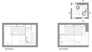 Interior design of a modern apartment with open-concept and use of wood and concrete.