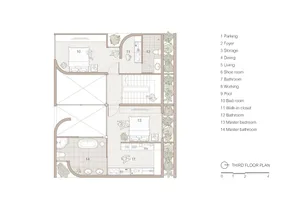 An architectural floor plan of a modern apartment with tiled floors, showing the layout of the rooms and spaces.