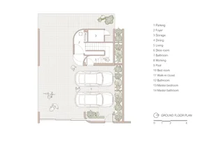 A detailed architectural drawing of a modern ground floor plan, featuring various rooms and spaces.