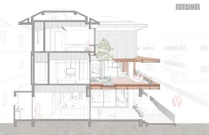 Modern interior cross-section with wood, concrete, and glass elements.