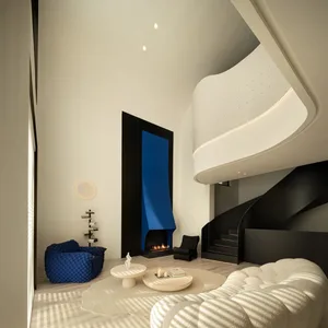 A modern minimalist living room features a blue fireplace, a white sofa, and a curved staircase.