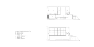 A detailed 2D architectural drawing depicting the floor plan and rooftop layout of a residential building, featuring concrete