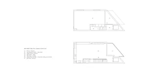 Two-storey architectural floor plan with designated areas for entrance, shop space, restroom, lobby, living room, dining room