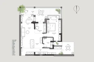 A minimalist apartment floor plan featuring a living room, kitchen, dining area, bathroom, and master bedroom.