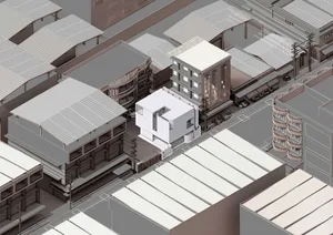 Urban architectural rendering showcasing mixed materials and urban planning concepts.