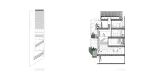 A modern apartment's structural plan featuring concrete, glass, and wood elements.