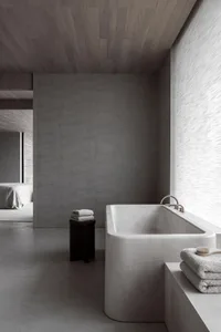 Minimalist bathroom featuring a concrete bathtub and wooden accents.