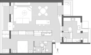Modern floor plan with neutral tones, featuring a living area, dining area, kitchen, and bedrooms.