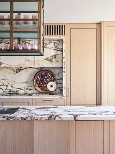 Modern kitchen featuring marble countertops and wooden cabinetry.
