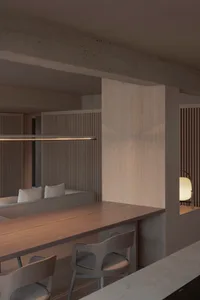 Modern office space featuring wooden furniture and minimalistic design