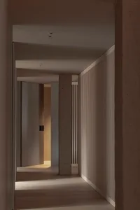Modern residential hallway featuring concrete and wood materials and minimalist design.