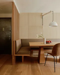 Modern restaurant interior design featuring wood elements