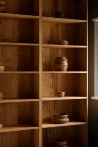 A wooden shelf adorned with various wooden bowls