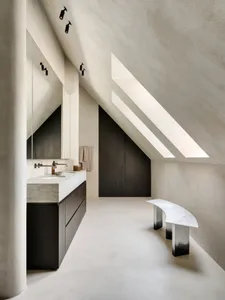A minimalist bathroom featuring a concrete vanity, skylights, and white floor.