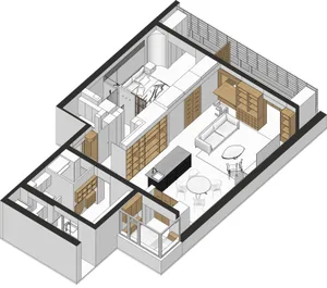 Modern apartment layout featuring white concrete flooring, a wooden sofa, and multiple storage areas.