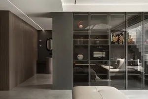 Modern interior design featuring glass elements.