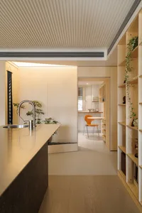 Modern minimalist kitchen with wooden cabinets and countertops, featuring an orange chair and green plants.