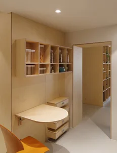 A modern minimalist kitchen with a wooden table and shelves.